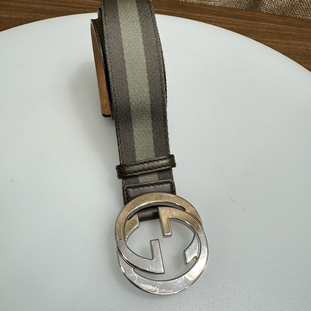 Gucci Green and Silver Belt with GG Logo Buckle 85/34